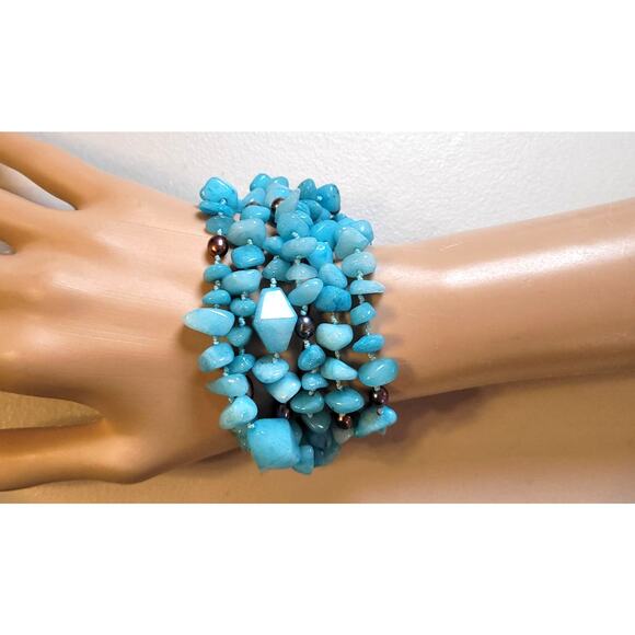 Multistrand Turquoise Glass Statement Toggle Clasp Chunky Bracelet Boho Y2K 8" - Picture 1 of 6